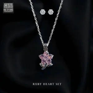 Mode Top Teratas - Set Kalung Dan Anting Titanium Silver Ruby Heart