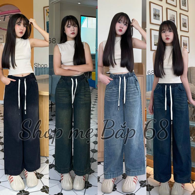 Quần Jean nữ cạp chun cá tinh-ống suông lưng cao chất Jean thổ dày dặn mềm mịn