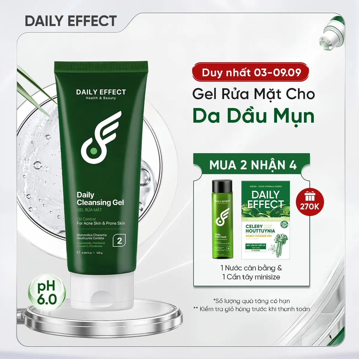 [Sữa Rửa Mặt Dạng Gel Cho Da Dầu Mụn] DAILY EFFECT Daily Cleansing Gel (120g)