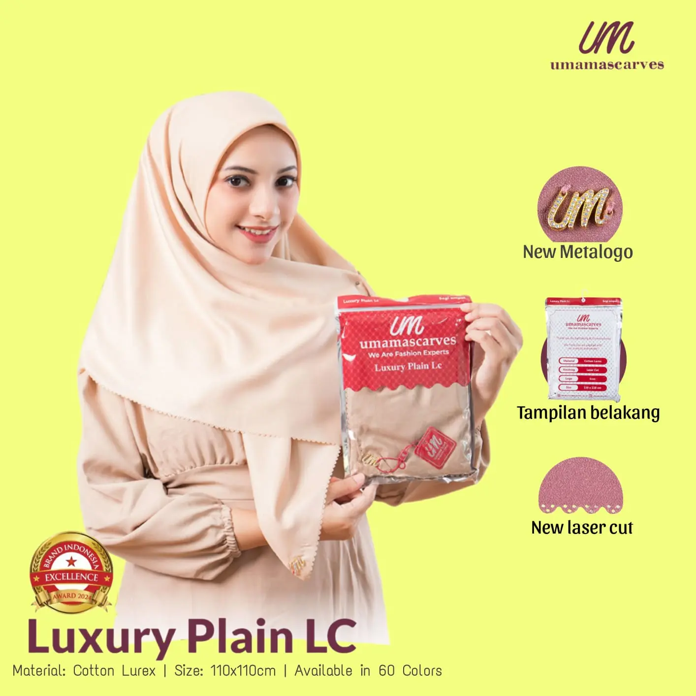 Luxury Plain lc Hijab Umama Scraf Jilbab Segi Empat Voal Tyspan Lasercut Kerudung