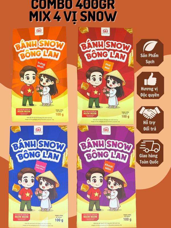   A34   COMBO 400GR MIX 4 VỊ SNOW  100gr Snow Sữa Chua Phô Mai  8-9 bánh  + 100gr Snow Khoai Môn  8-9 bánh  + 100gr Snow Trứng Muối  8-9 bánh  + 100gr Snow Phô Mai Chà Bông  8-9 bánh  Đồ Ăn Vặt SNACK Food Thức Ăn Nuts Candy Cake 