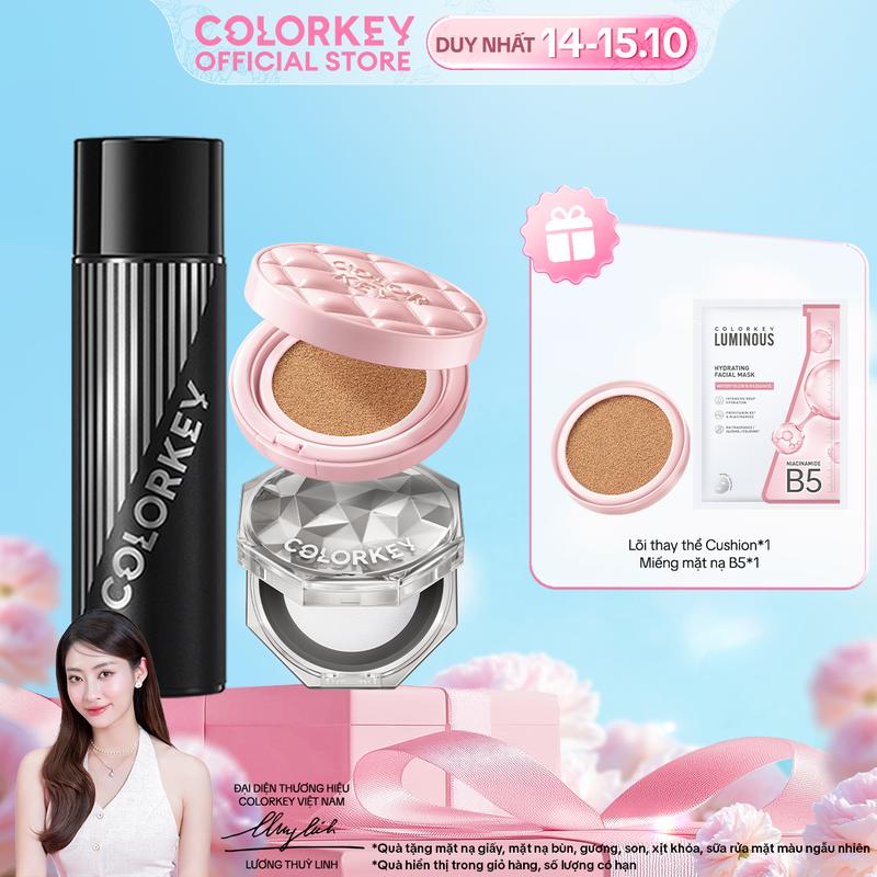 COMBO 3 Món - 1 Cushion + 1 Phấn Phủ + 1 Xịt Khóa Nền COLORKEY, 3 Bước Cho Lớp Nền Bền Lì Cả Ngày