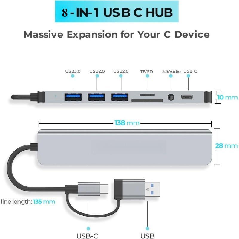 Đế mở rộng USB 3.0 Type-C 8 trong 1, cáp chuyển 2 trong 1 có khe SD/TF cổng…