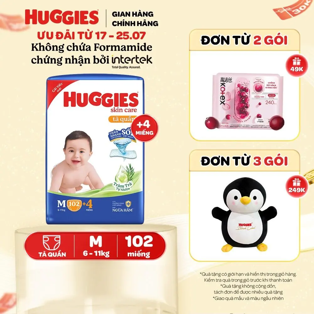 Tã/ bỉm quần Huggies Skincare Mega Jumbo với tràm trà dịu da Size M106/L96+8/XL84+4/XXL76+4