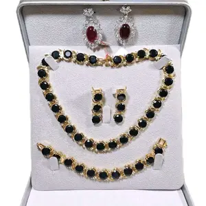 Set Kalung Fashion Permata Hitam Zirconia Plating Rhodium (tidak dengan anting merah)
