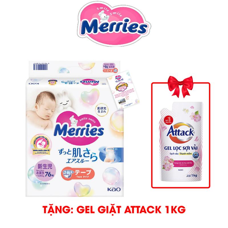 [TẶNG GEL GIẶT ATTACK 1KG] Merries Tã Bỉm dán size NB76/S70/M56/L48/XL40