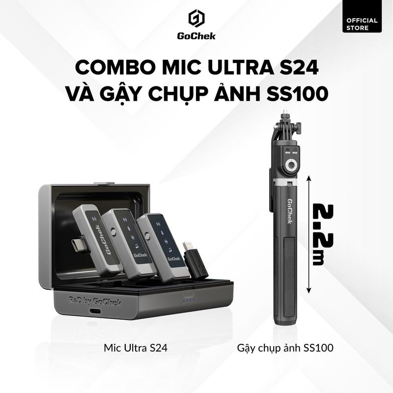 Combo Mic không dây GoChek S24 + Gậy tripod selfie | Combo phù hợp livestream thu âm quay video dành cho điện thoại máy tính Phụ Kiện Phone Bluetooth