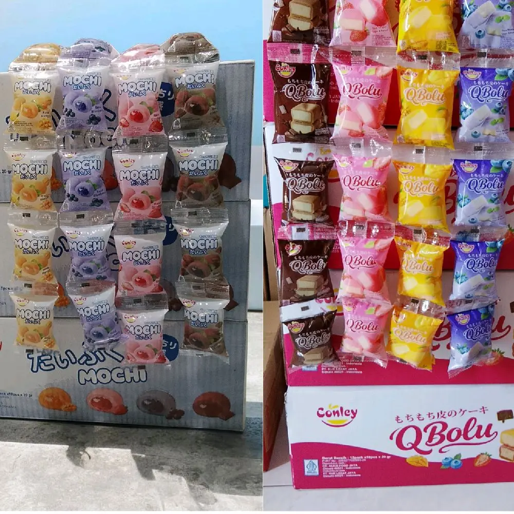 CONLEY MOCHI - Mochi Bulat dan Q Bolu Mochi Kemasan Renteng Rasa Mangga, Stroberi, Bluberi dan Coklat 10 pcs/renteng