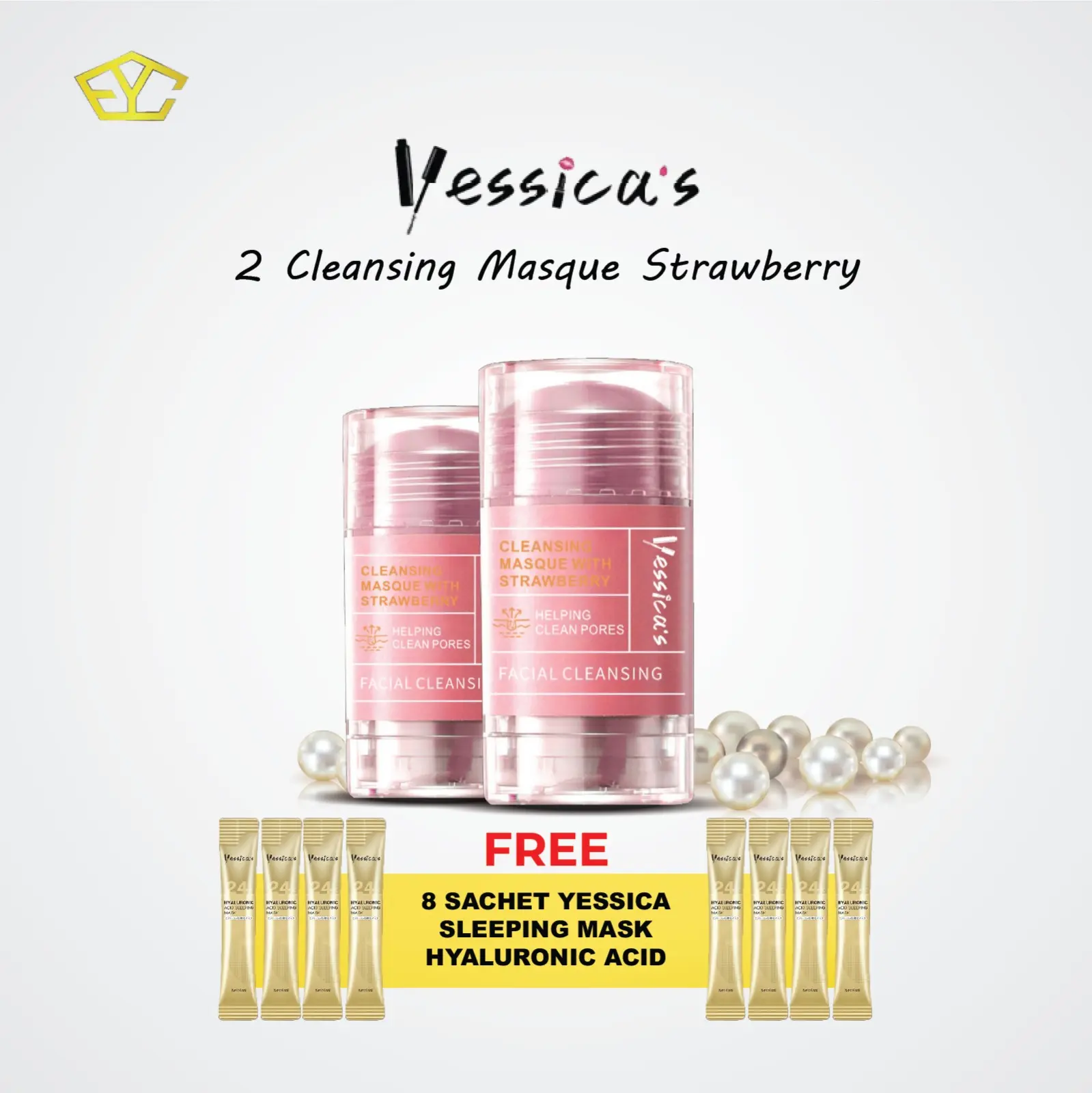 FYC [Special Live  Mega Showcase] Yessica's Stick Mask 2 Pcs - Tea Tree, Strawberry, Amazons White Mud & Volcanic (Bonus 8 Sachet Sleeping Mask)