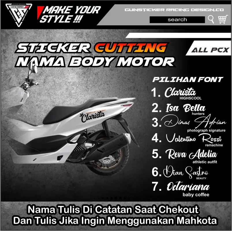 STICKER CUTTING NAMA MOTOR PCX BISA UNTUK SEMUA MOTOR UKURAN 30X8CM