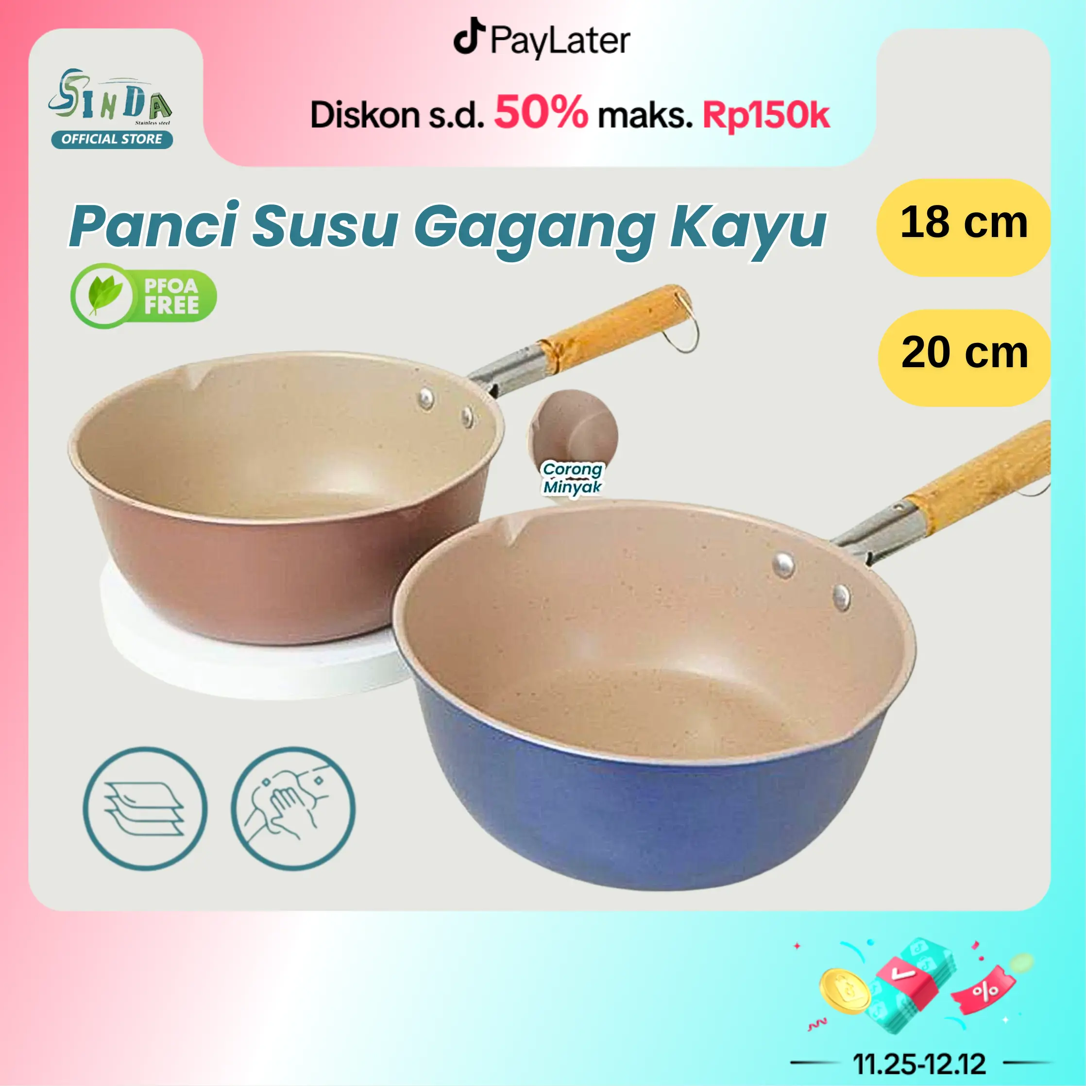 SINDA Panci Susu Marble 18-23cm – Gagang Kayu Anti Panas, Lapisan Teflon Anti Lengket, Sempurna untuk Masak Sehari-Hari!
