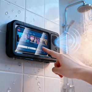 防水ボックススピーカー、360°回転式タッチスクリーン付きバスルーム用防水Bluetoothスピーカー、映画鑑賞・音楽鑑賞・電話対応Bluetoothスピーカーオーディオシャワーテレビホルダー、プール、キッチン、浴室、シンク用