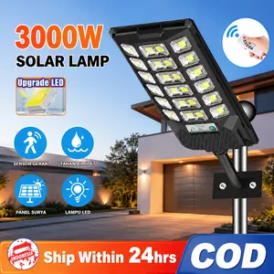 Lampu Surya LED 3000W Ultra Terang dengan Sensor Gerak PIR & Remote, Tahan Air IP67 untuk Taman, Halaman, Jalan, dan Area Outdoor