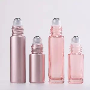 1PCS Glass Roll On Bottle 5/10ml Pink Roller Bottle Essential Oil Lip Gloss Refillable Tube Empty Jar Glass Perfume Bottle