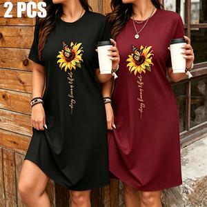 2 Pzas Vestido Mujer, Estampado Girasol Mariposa, Casual Holgado Corte A-Línea, Cuello Redondo Manga Corta, Tela Algodón Transpirable, Ropa de Amigas