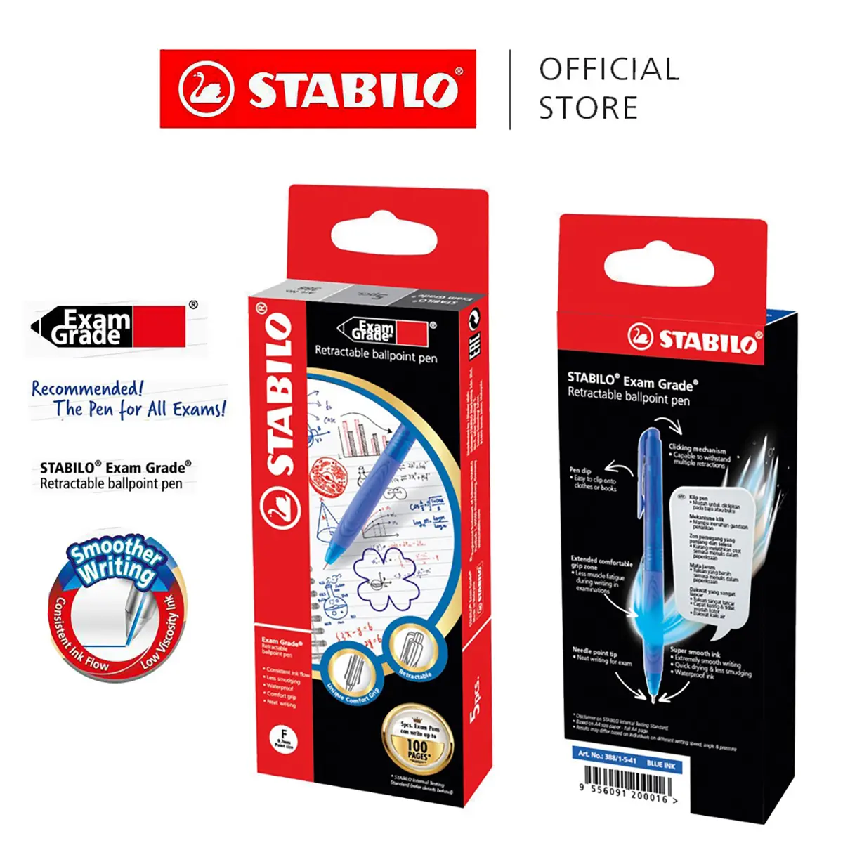 Stabilo 388 Exam Grade Retractable Ball Pen 0.5mm/ 0.7mm Needle Point - Blue, Black, Red  multi coloured