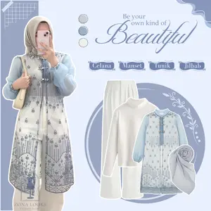 Setelan Lebaran Remaja ( Manset Panjang - Tunik Brokat - Celana Kulot - Jilbab ) One Set Denim Outfit Wanita  ZL167N