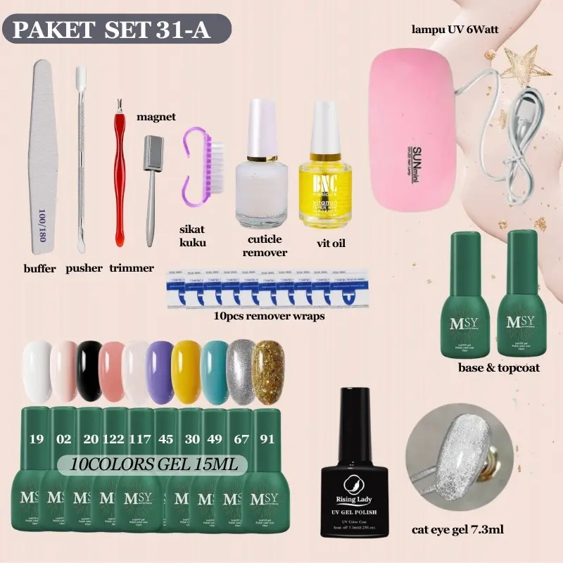 MSY SET NAIL ART LENGKAP 31IN1/33IN1/60IN1/SET KUTEK GEL NAIL POLISH UV/UNTUK NAIL ART PEMULA 1