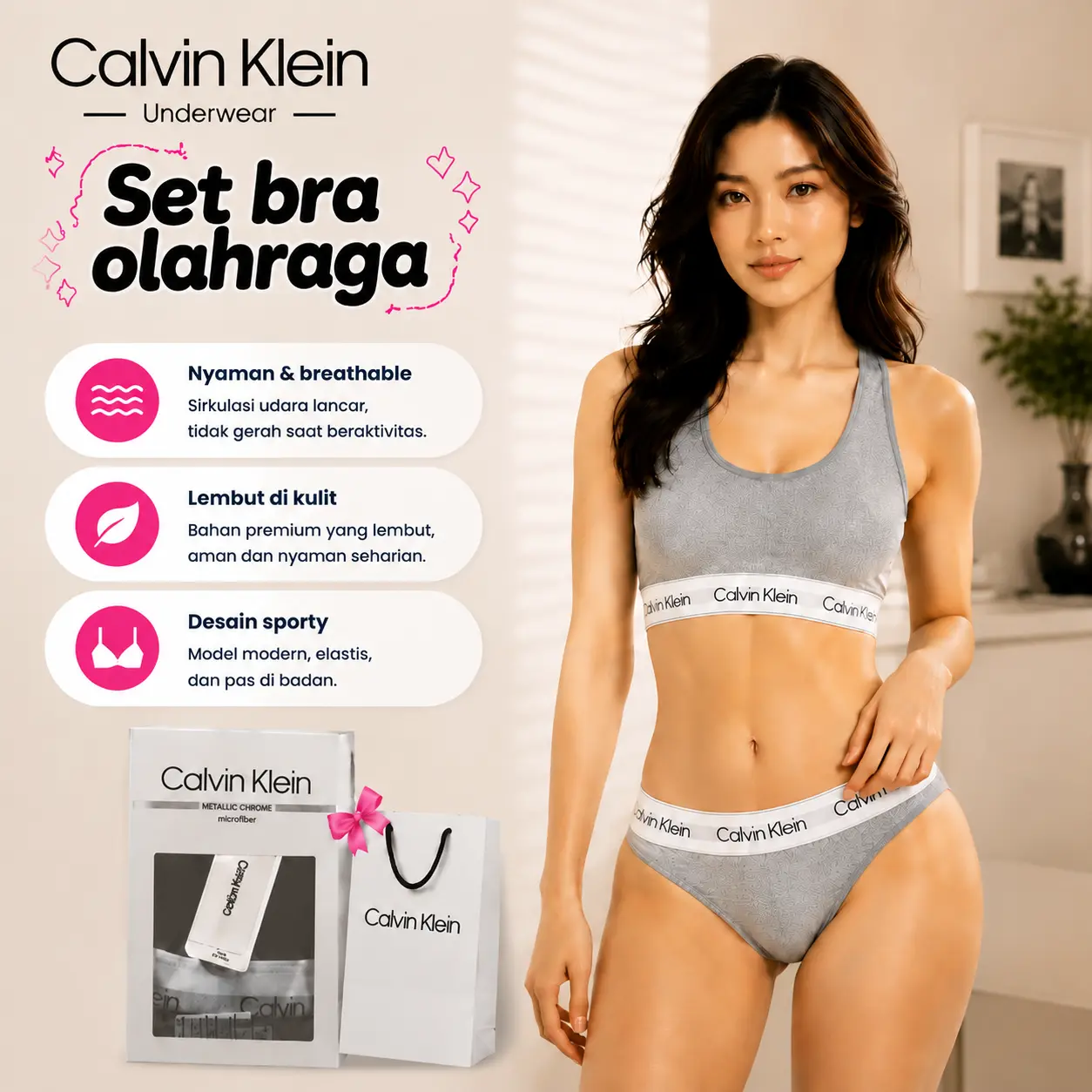 CK CALVIN KLEIN Setelan Wanita Nyaman dan Seksi Asli - Bra dan Celana Dalam Multifungsi