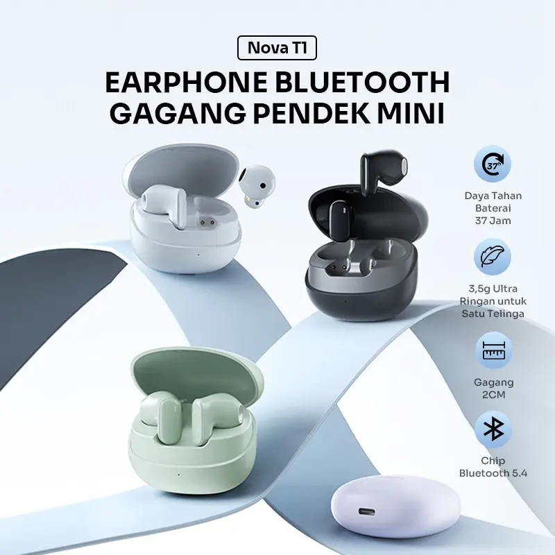 ROBOT TWS Nova T1 Earphone Wireless Bluetooth 5.4 with Gagang Mini 2 cm Headset Bluetooth 37H PlayTime Nova T1 Original Bass