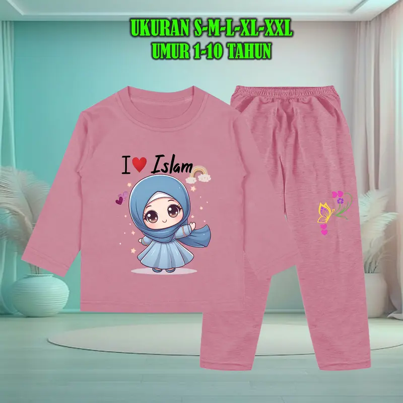 Setelan Baju Anak Tidur Gambar Anak Soleh Muslim Lengan Panjang dengan Sablon Berkualitas - Baju Anak Fashion Celana 7
