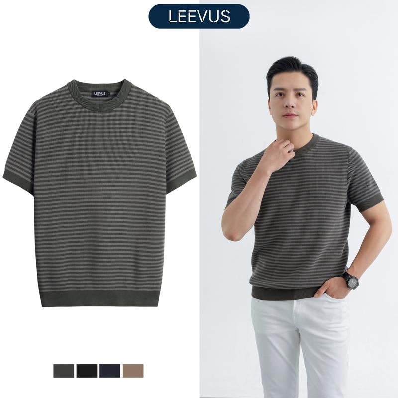 [TẶNG HỘP CHO ĐƠN TỪ 499K] Áo thun cổ tròn LEN DỆT KIM 100% cotton THE STRIPES, chỉn chu, nam tính mạnh mẽ LEEVUS AT38