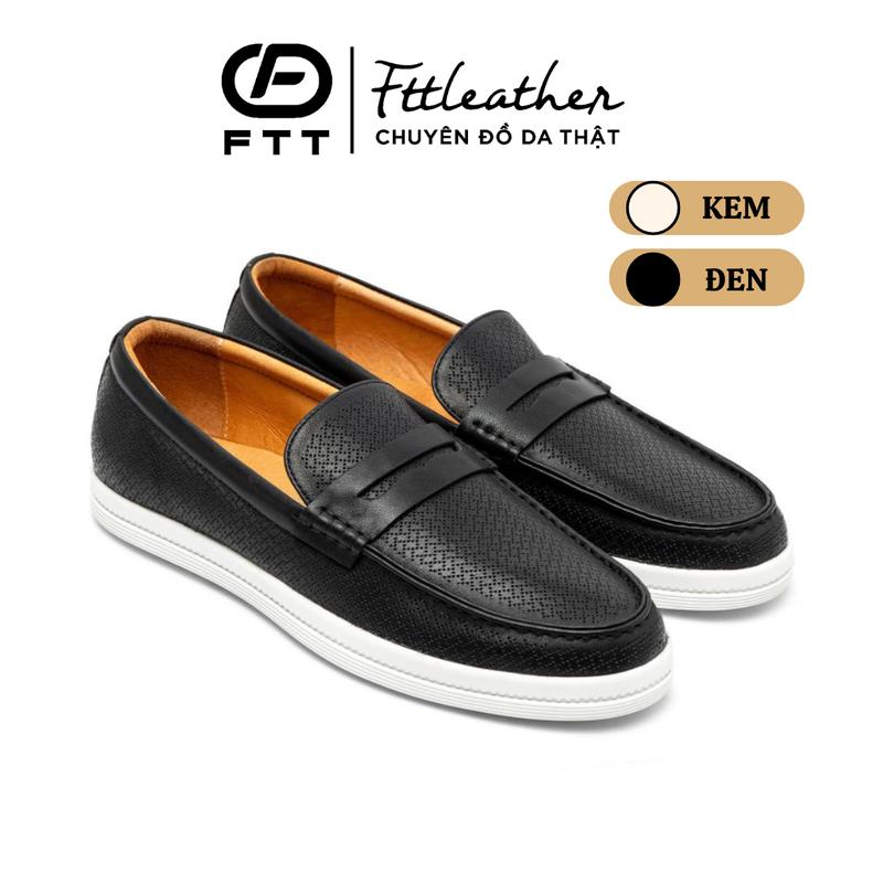 Giày slip on nam da bò đục lỗ cao cấp FTT Leather, giày lười đế siêu nhẹ hạn chế trơn trượt đi êm chân F905