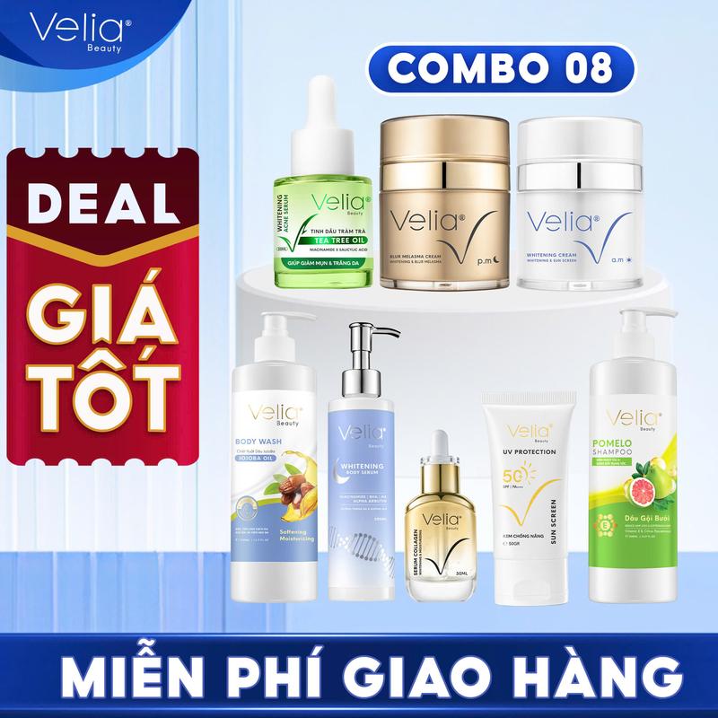[#80 DEAL TỐT] Combo 08 Kem Dưỡng Ngày + Kem Cải Thiện Nám + Serum + Kem Chống Nắng + Serum Body + Serum Mụn + Dầu Gội + Sữa Tắm VELIA