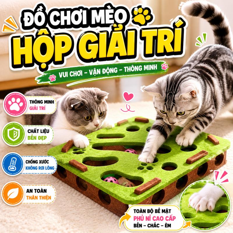 Đồ chơi cho mèo giúp tự giải trí và giảm bớt buồn chán, mê cung xếp hình cho mèo con, hộp vải nỉ có lỗ, quả bóng chuông trêu mèo.