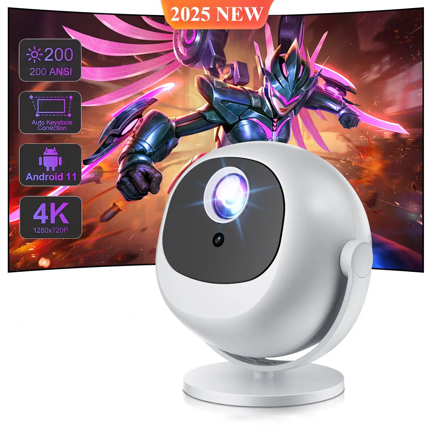 Mini 4K Projector Palm Size 360° Rotatable Portable Projector Electronic Focus Auto Keystone Eye Design Ultra Full HD 1080P Android 11 Bluetooth Dual WiFi 6 for Cinema Outdoor Projector wi fi bedroom Home Theater