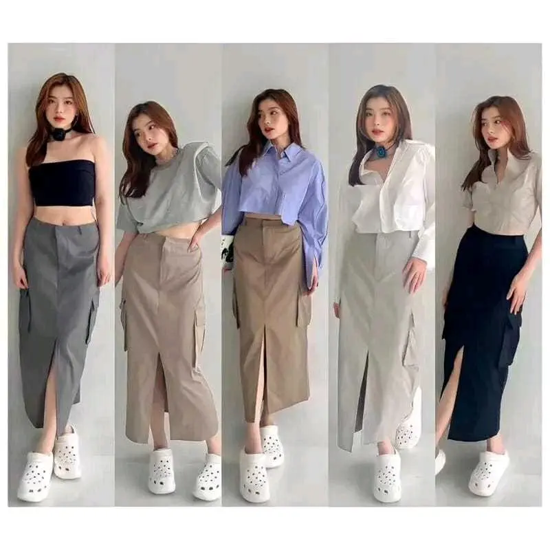 SPAN CARGO BELAH DEPAN/ROK KATUN TWILL MELAR/ROK WANITA TERBARU KEKINIAN CARGO SKIRT Kancing  Karet