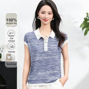 MuMeng [100% Mulberry Silk] Contrast Trim Knitted Women's Polo Short Sleeve Top, Lightweight & Breathable Summer Knitwear5600