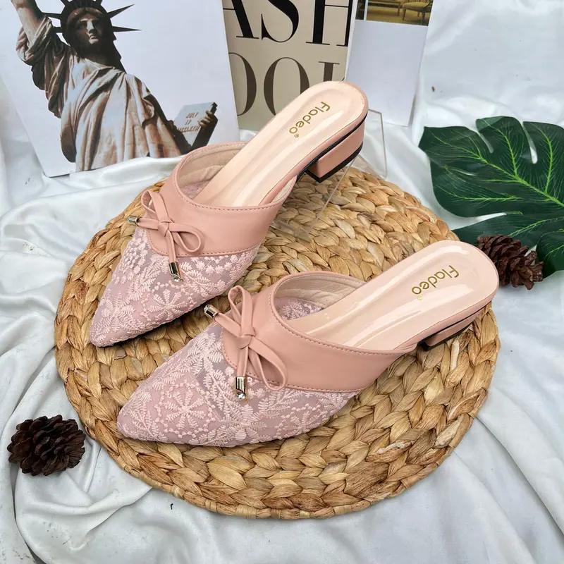 Fladeo Sendal Bustong Brukat Wanita Hak 3cm Elegan Hitam Krem Moka Salem Size 37-41 2