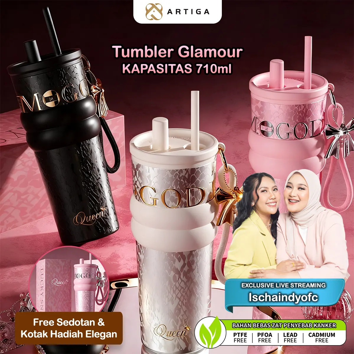 [EXCLUSIVE ISCHAINDYOFC] ARTIGA Tumbler Glamour 710ml - Termos Air Stainless Portable Tahan Panas Dingin Free Sedotan & Kotak Hadiah Elegan