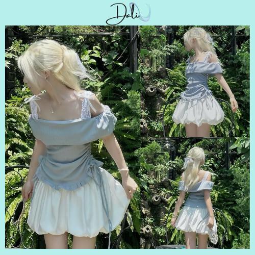 Set Bộ 2 Món Baby Màu Xanh Ngọc Gồm Áo Trễ Vai + Chân Váy Bí Phồng Dáng Tiểu Thư