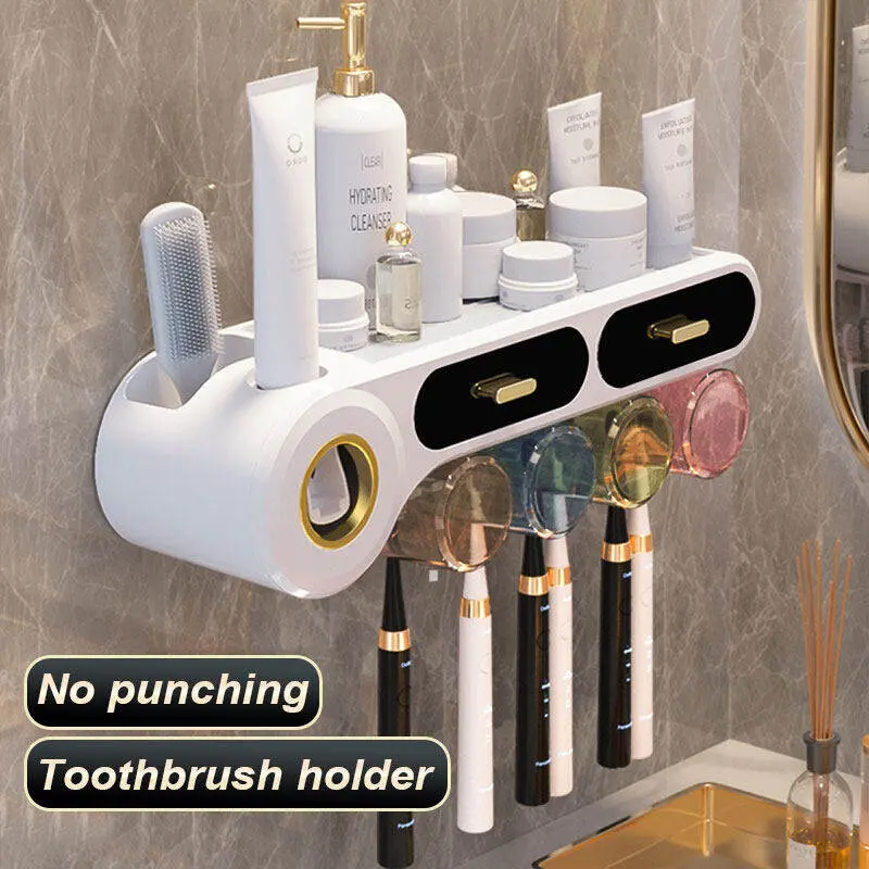 Toothbrush holder  Tooth cup and toothbrush shelf Non-perforated wall-mounted family washing cup set Mouthwash cup and toothbrush shelf Wall-mounted Adjustable Bathroom Supplies Black