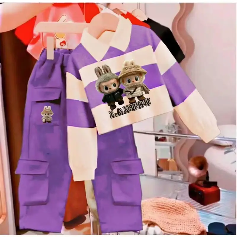 Set Labubu Kerah Anak Perempuan setelan Sweater CropTop Strip Kargo Fashion Baju Dan Celana Panjang 1
