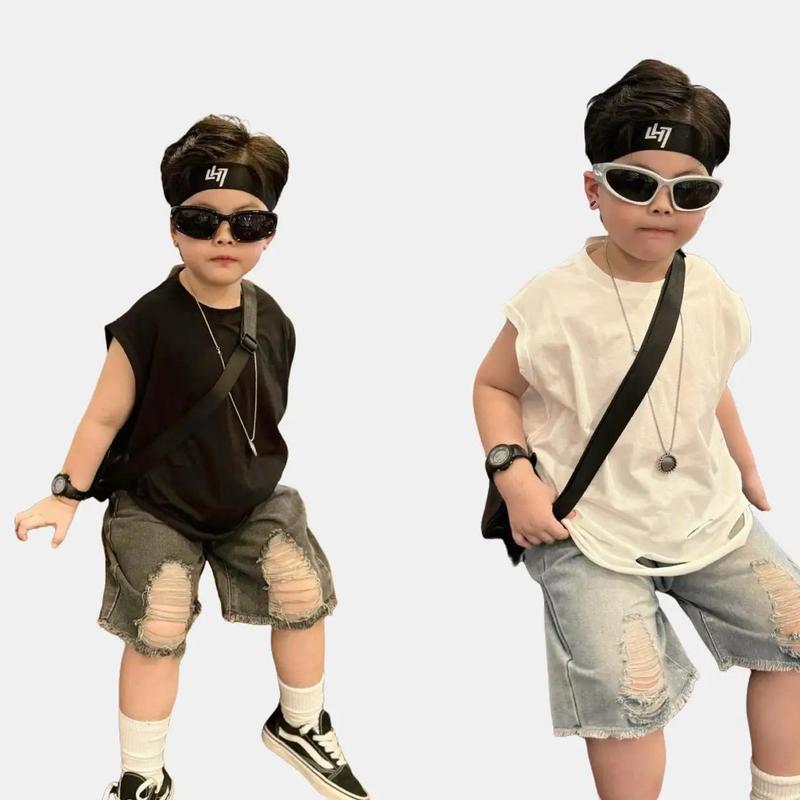 Bộ Quần Áo Ba Lỗ Bé Trai, Sét Quần Jean + Áo thun Sát Nách Phong Cách Hàn Quốc From Rộng 2025 Từ 12-38kg B001