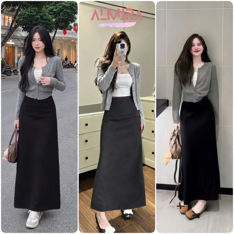 [Tặng Kèm Áo Quây] Sét Váy Nữ Gồm Áo Cardigan Len Tăm + Chân Váy Umi Dáng Dài - Nữ Almira