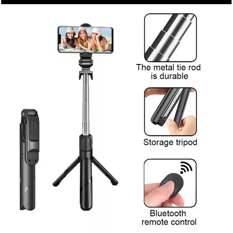 SUPERMARKET IMPORT Tongsis HP Multifungsi R1S Bluetooth Remote LED Konten Kreator Tripod Bluetooth 360 Derajat Stabilizer Tripod Handphone Live Streaming Anti Goyang Selfie Stick Lampu LED Bluetooth 3