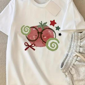 女性用半袖Tシャツ、かわいいカートゥーンミニトマトプリントラウンドネック、ゆったり、純綿カジュアルトップス、ラウンドネック、ショルダーストラップ、ゆったりシルエット、通気性、肩落ちデザインプリントTシャツ夏のゆったりタイプ