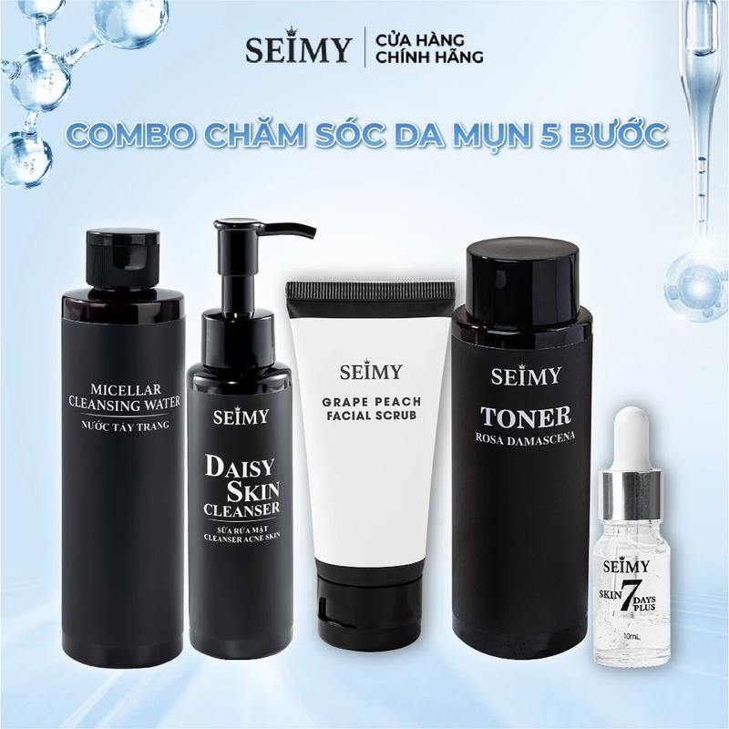 Combo Bộ Chăm Sóc Da Dầu Mụn Seimy 5 Bước Nước Tẩy Trang, Sữa Rửa Mặt, Tẩy Tế Bào Da Chết Mặt, Nước Hoa Hồng, Serum Giảm Mụn Skin 7 Days Plus Skincare Toner