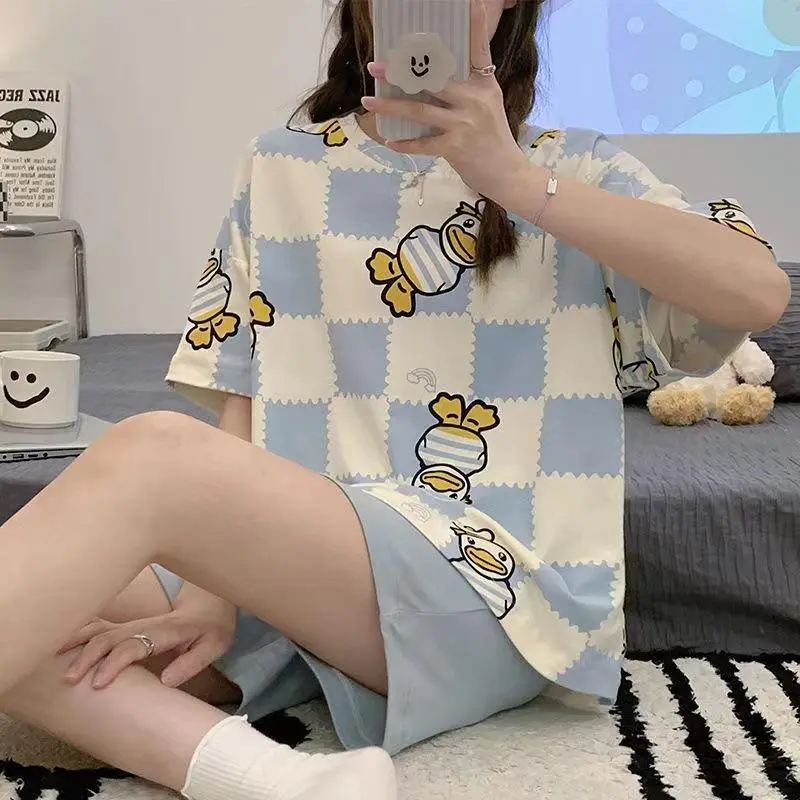 AKS Setelan baju tidur wanita dewasa bahan katun polyester model kaos lembut serap keringat celana lengan pendek motif karakter kartun lucu set piyama remaja perempuan jumbo kekinian terbaru korean style fit to XXL cocok untuk santai harian PY002 4