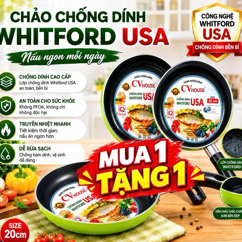 Chảo chống dính CV House, công nghệ Whitford USA, an toàn cho sức khỏe, truyền nhiệt nhanh, dễ rửa sạch