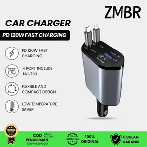 ZMBR Charger Mobil USB Fast Charging Car Pengisi Daya Mobil Konvensional dengan Kabel 4in1 Type C Lighting Panjang Adaptor Led