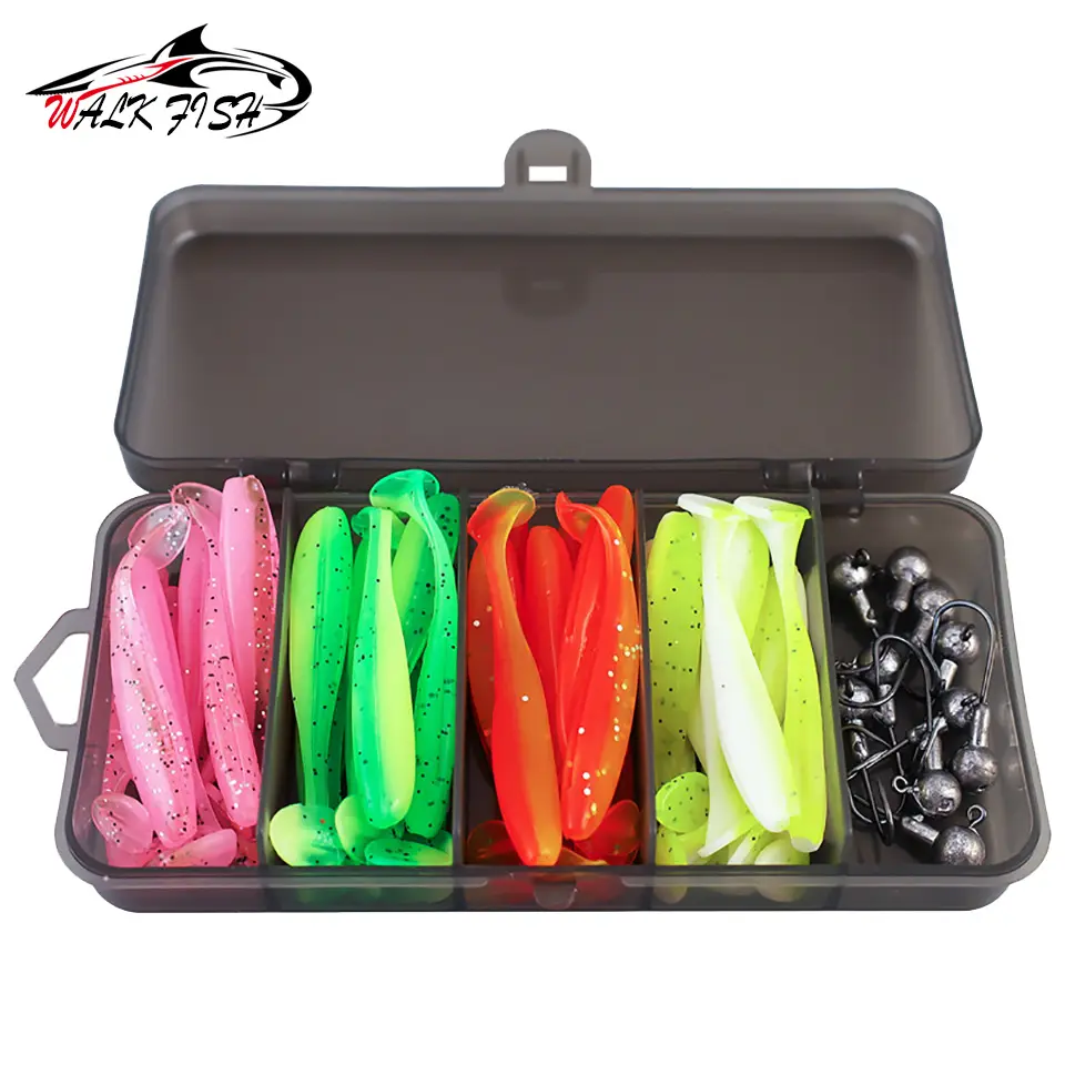 Bộ Mồi Câu Cá, WALK FISH, 51 Cái / Bộ, Kèm Hộp Đựng, 40 Cái Mồi Mềm Đuôi Chữ T, 10 Cái Móc Câu Cá