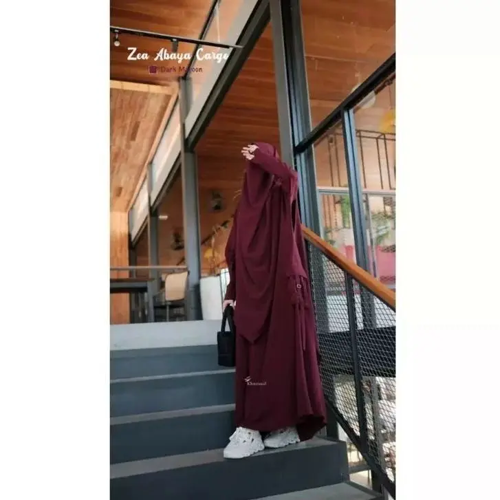 Abaya Cargo Syar'i Set French Khimar HITAM (FREE CADAR) / Gamis Abaya Crinkle Airflow  Size L XL XXL / Abaya Muslimah Terbaru 2025 / Abaya Syari Khimar Wanita 6