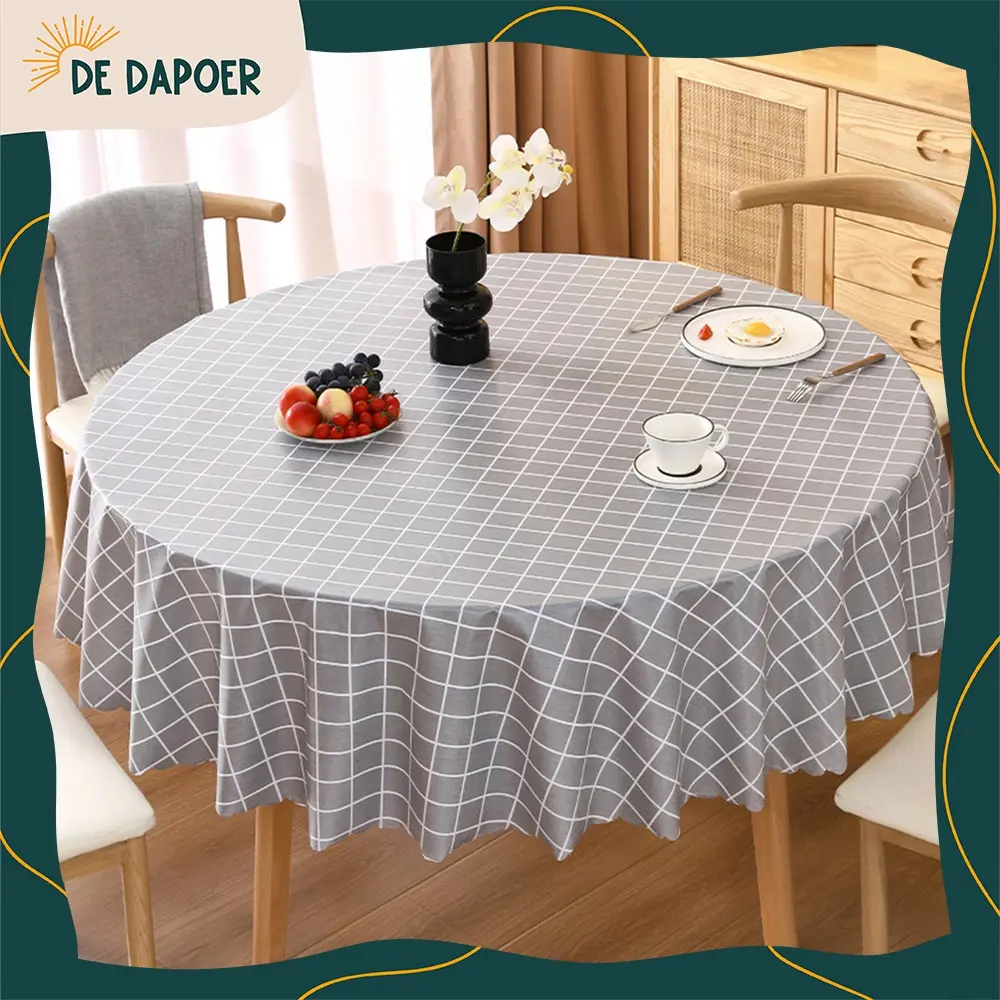 Taplak Meja Bulat Motif Square Aesthetic Cover Meja Makan Waterproof Bahan PEVA