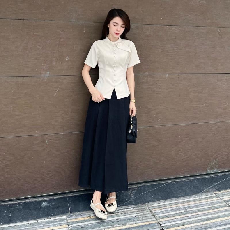  Set Thiết Kế Áo Cổ Tàu Lá Chân Váy Xếp Li Dáng Dài Tiểu Thư 