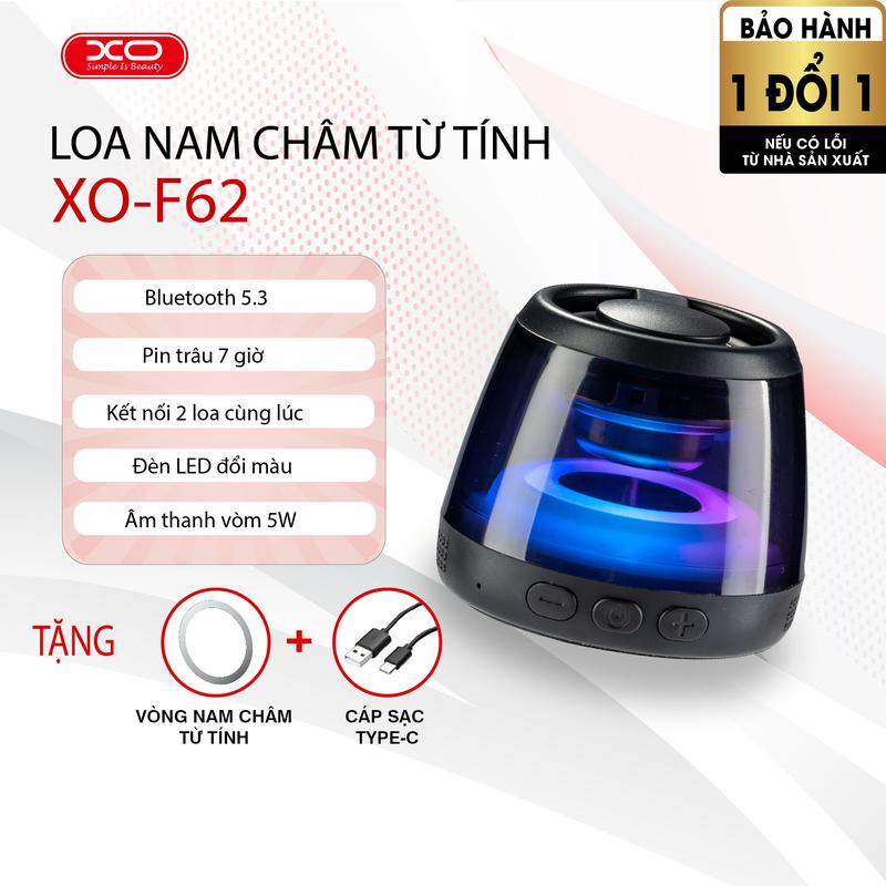 Loa Bluetooth Mini XO-F62 - Kết nối 2 loa cùng lúc, hiệu ứng âm thanh vòm 3D, tích hợp nam châm hít lên kệ tủ, máy tính, làm giá đỡ điện thoại, Bluetooth 5.3, đèn LED RGB, thời lượng pin 7 giờ, tặng kèm cáp sạc Type-C và dây treo